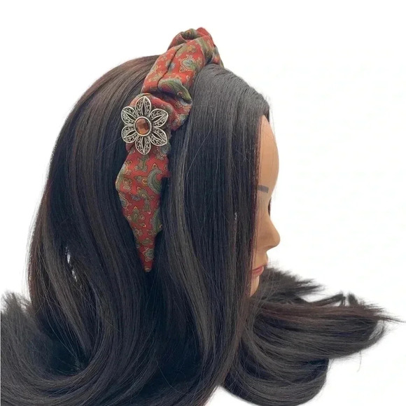 Maroon Multi-Color Paisley Handcrafted Headband Silver-Tone Medallion Crown - Picture 4 of 8